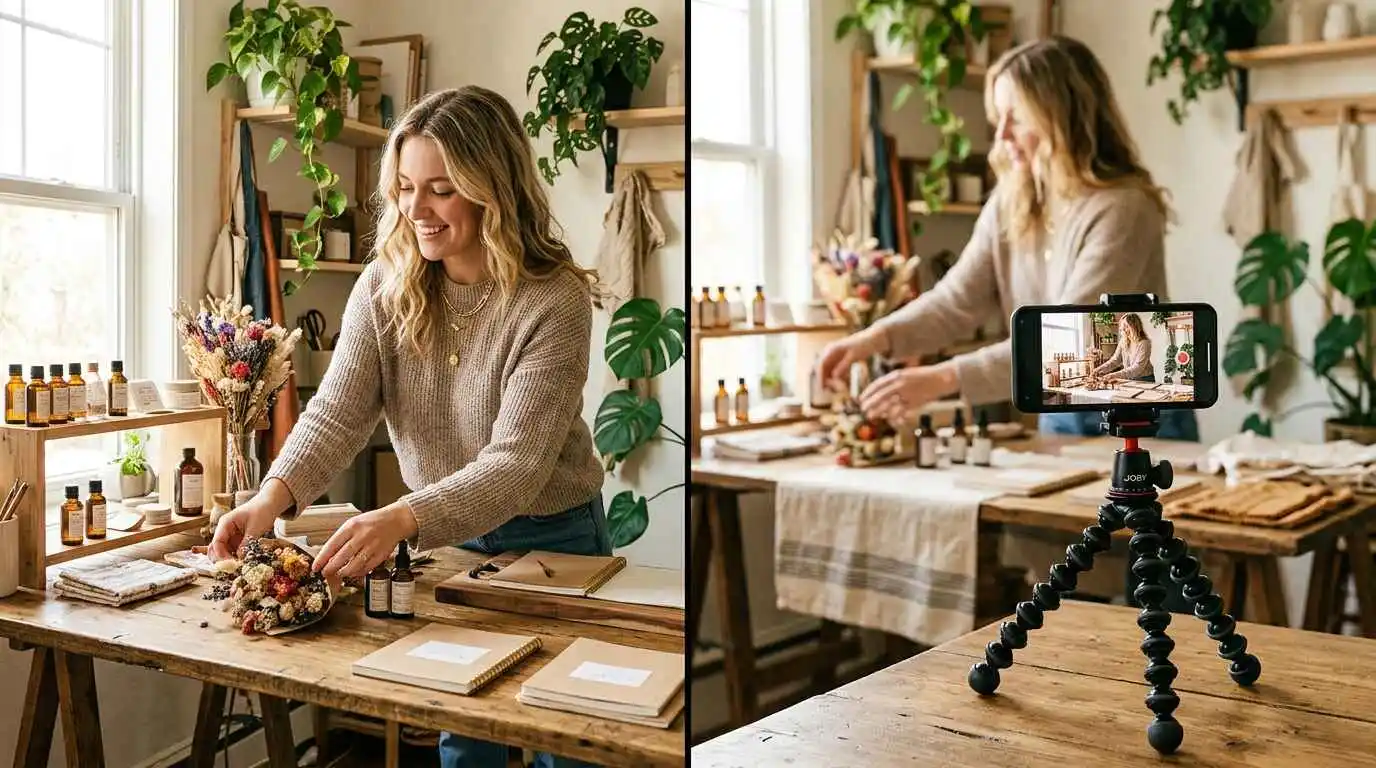 Content creator filming a before-and-after style short video for a small business