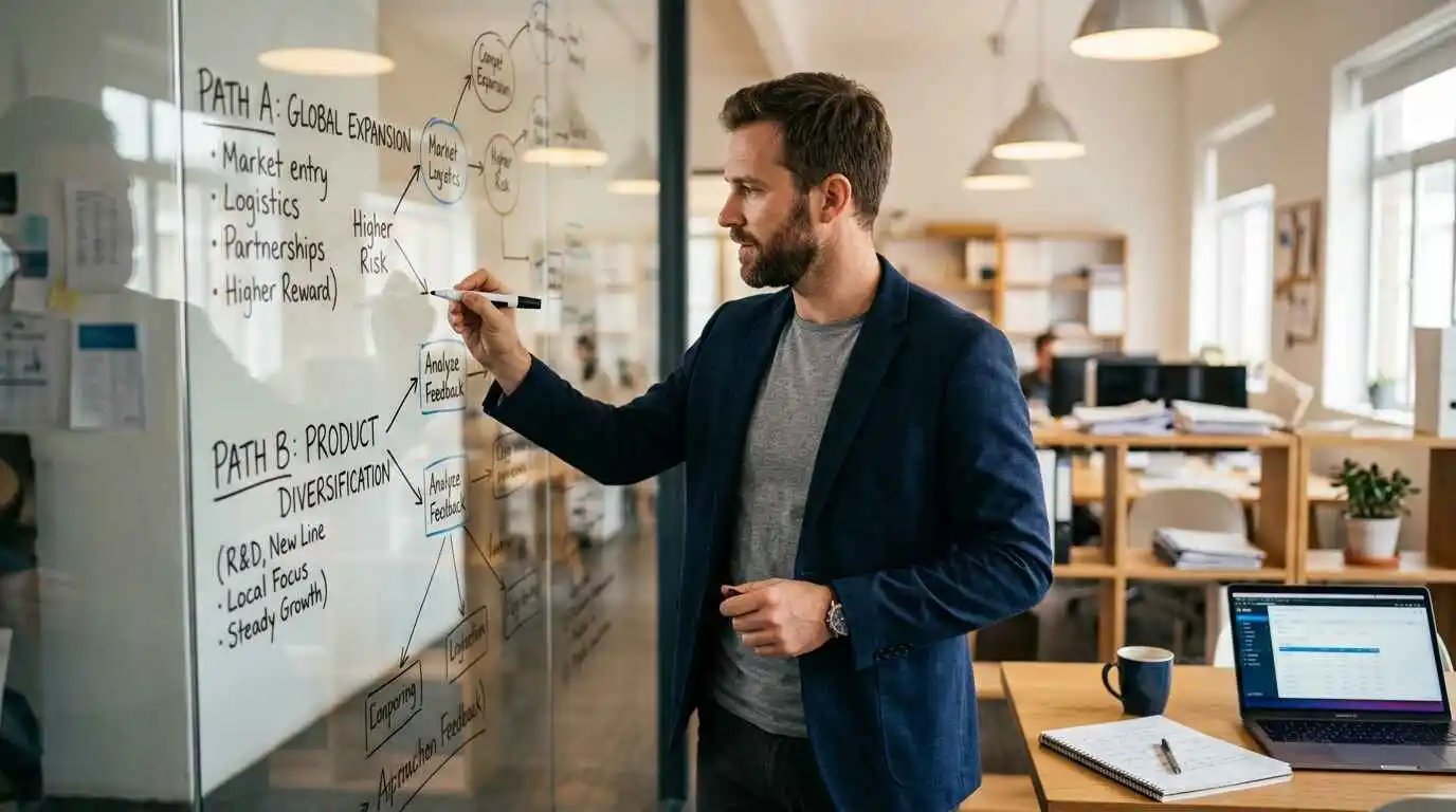 Entrepreneur weighing business decisions with charts and a decision path illustration