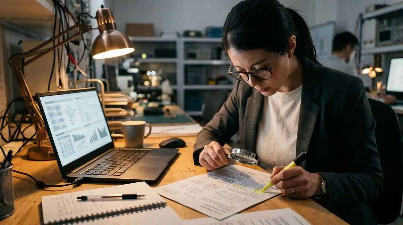 Person researching technical specifications and manufacturer documentation on a laptop