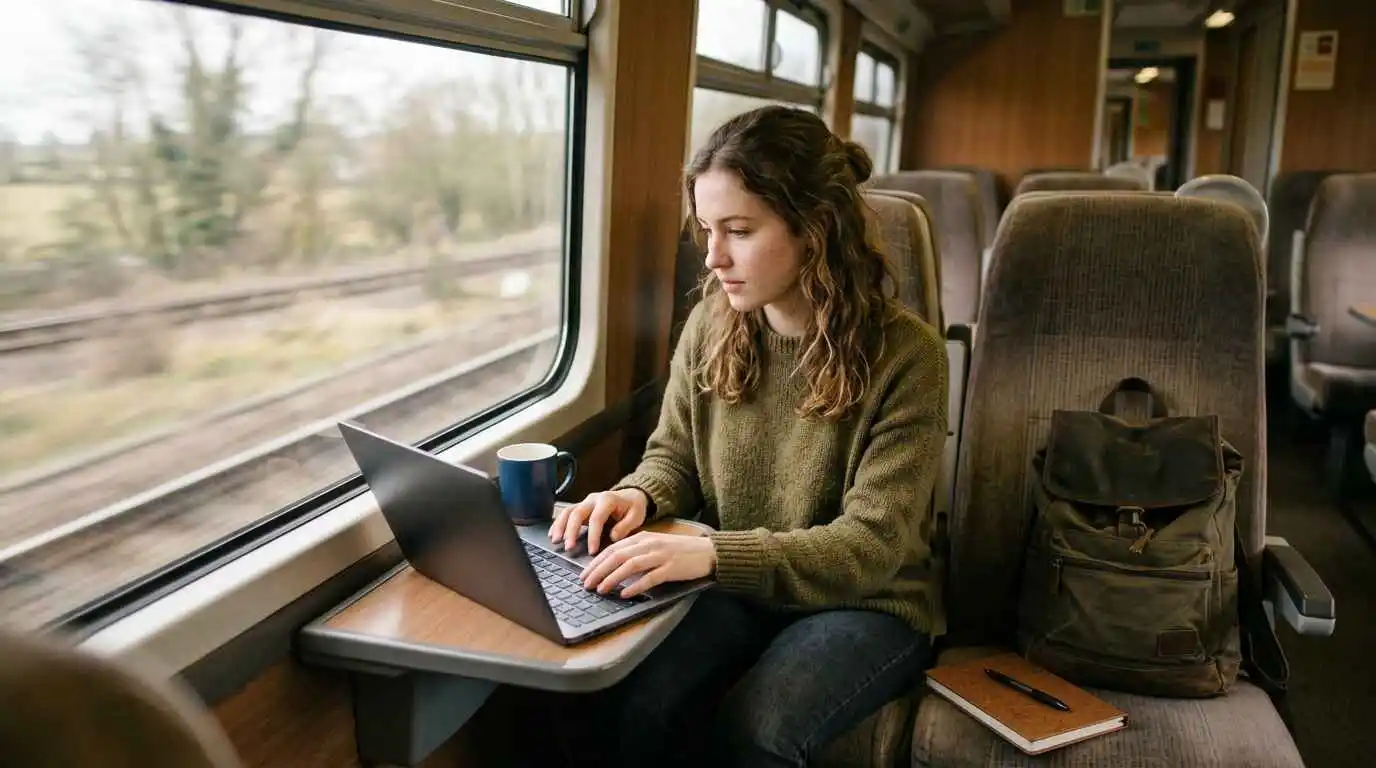 Student working on a laptop document while commuting on a train