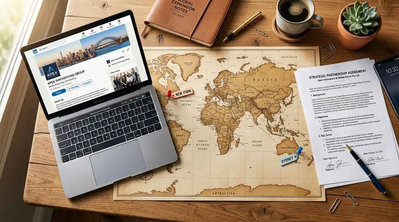 World map with pins marking business locations in the USA and Australia for a digital agency