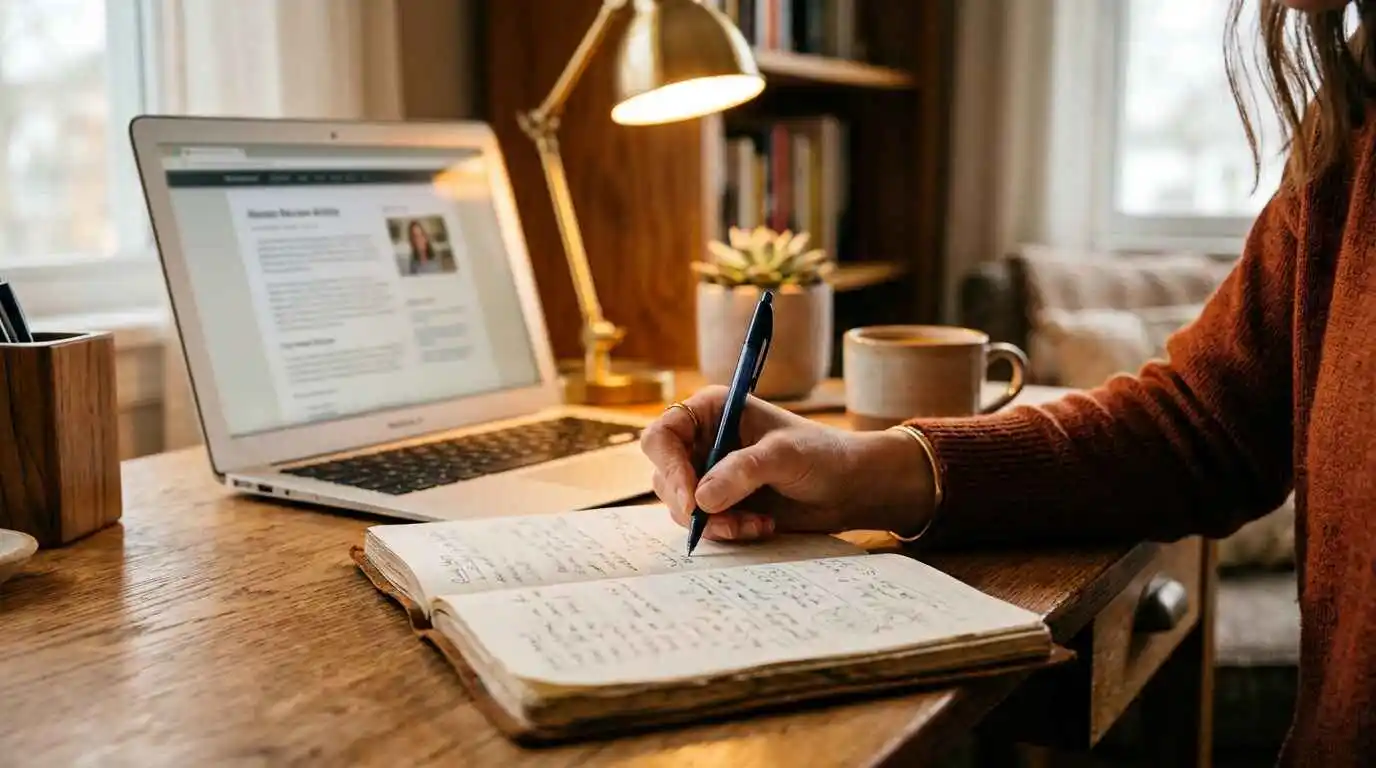 Person writing a final review verdict in a notebook beside a laptop, symbolizing careful evaluation