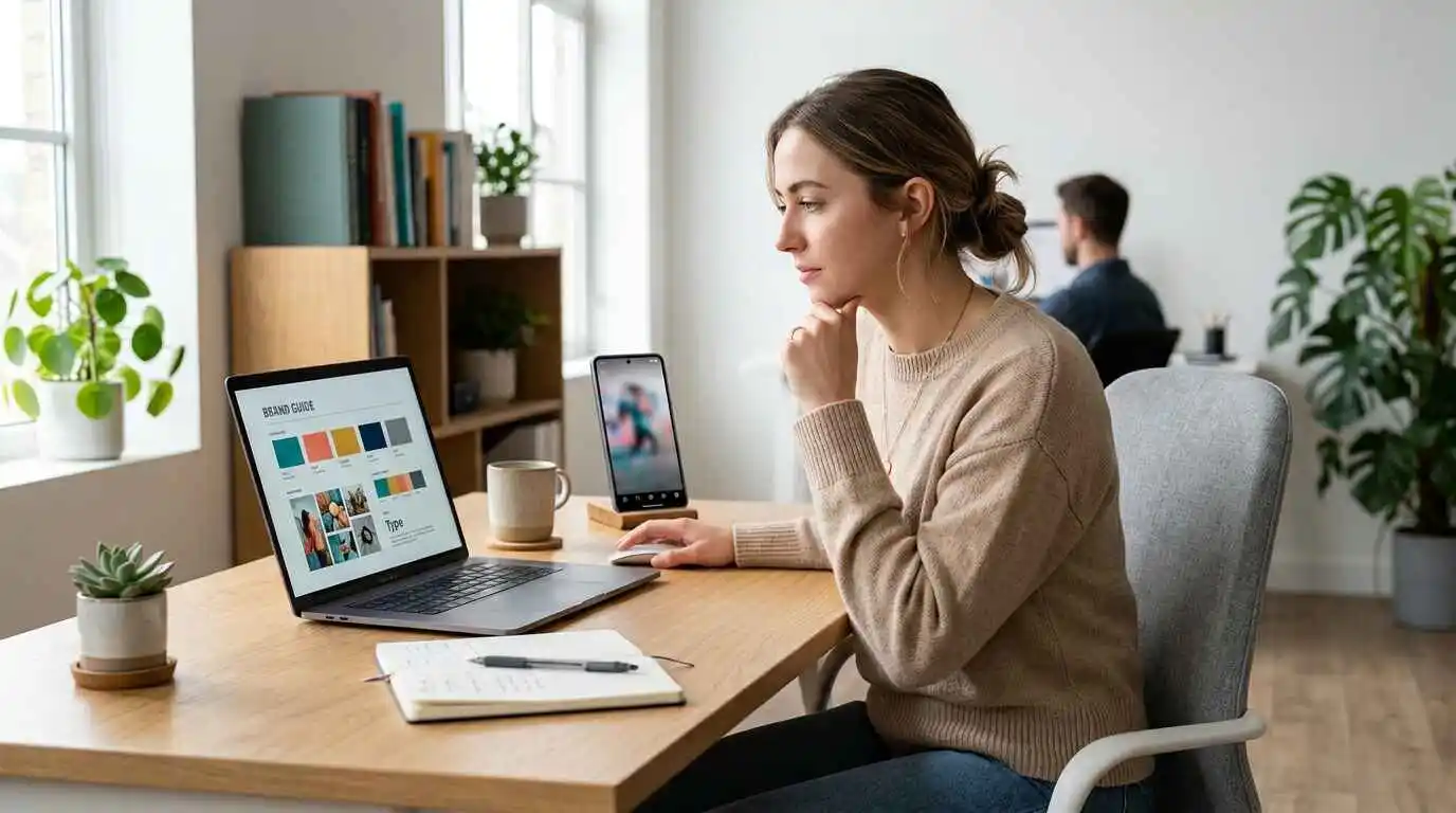 Marketer reviewing brand guidelines on a laptop next to a phone showing short-form video content