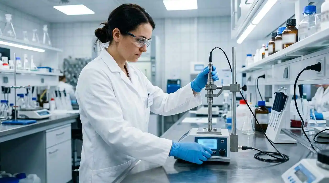 Technician calibrating a measuring probe using precision laboratory equipment