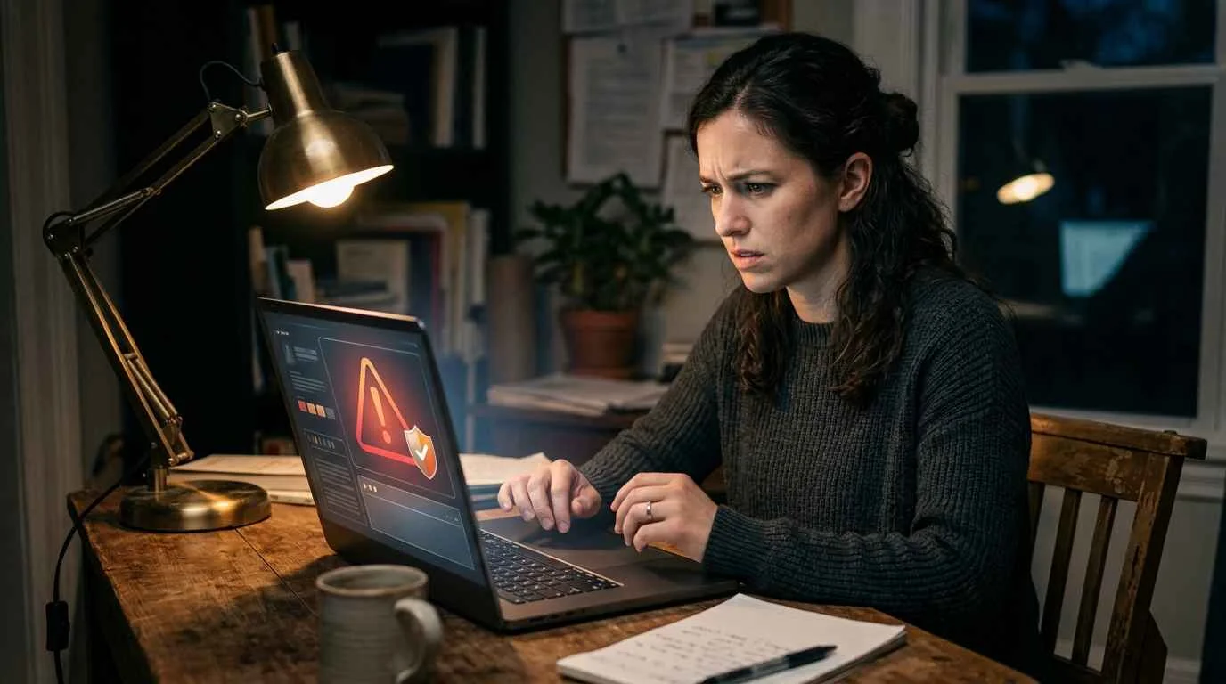 Person cautiously reviewing a suspicious website warning before entering personal information
