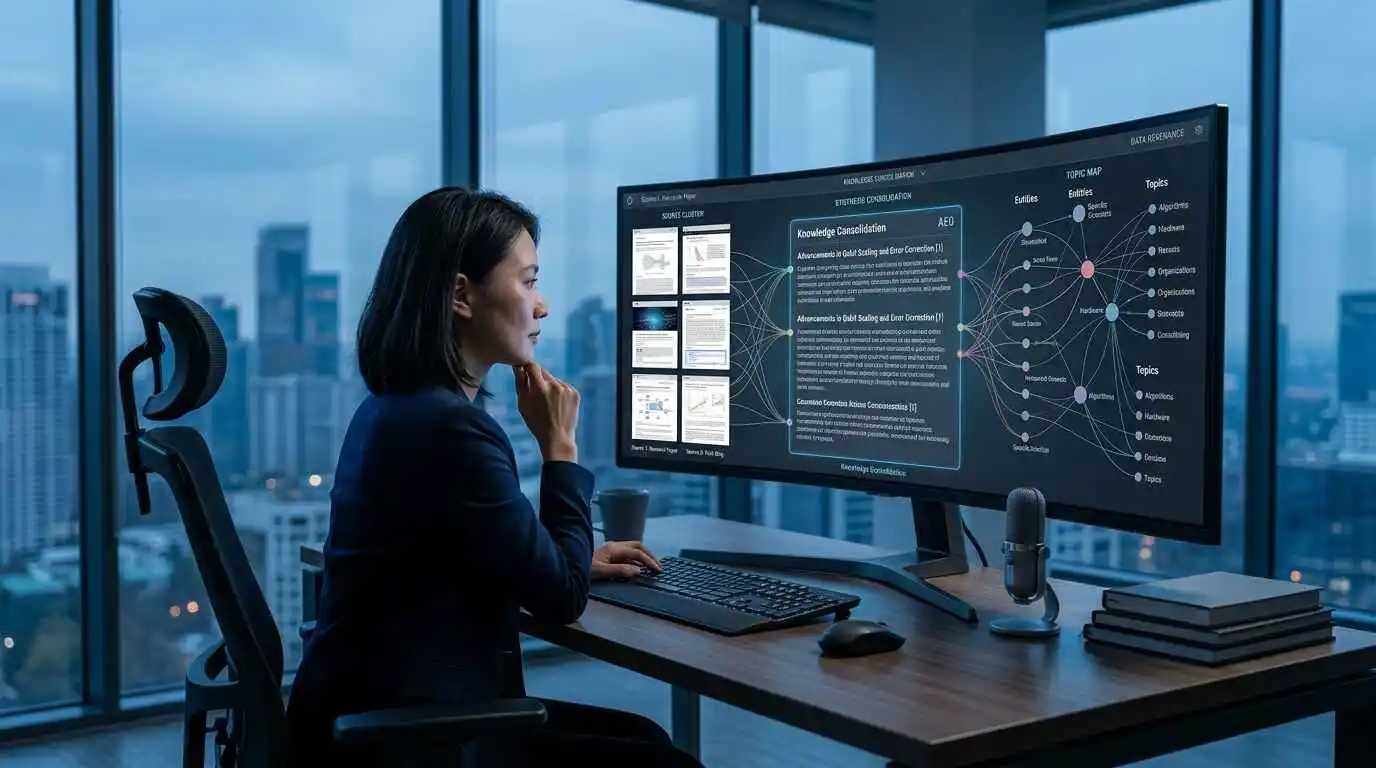 Semantic SEO in the AI Overview era showing AI search synthesizing information from multiple web sources