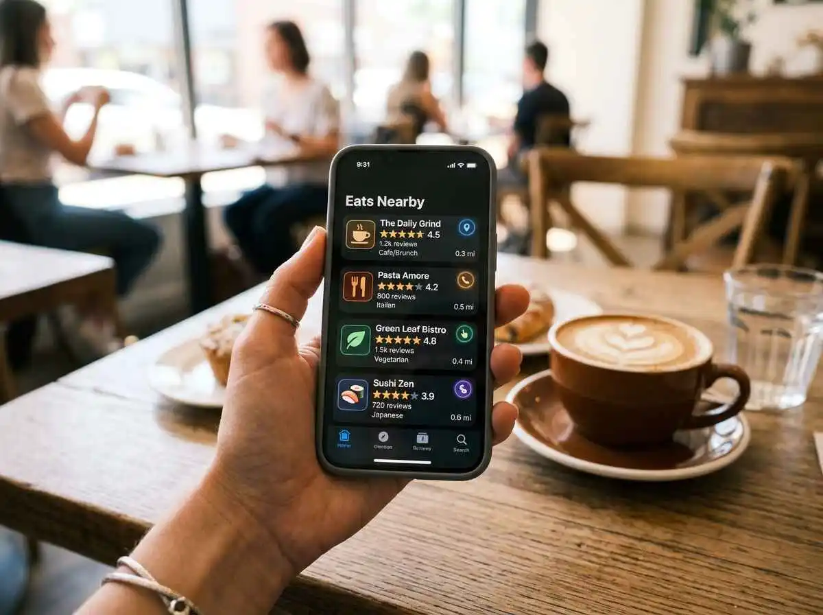 Smartphone screen comparing restaurant review platforms Yelp, Google, and TripAdvisor