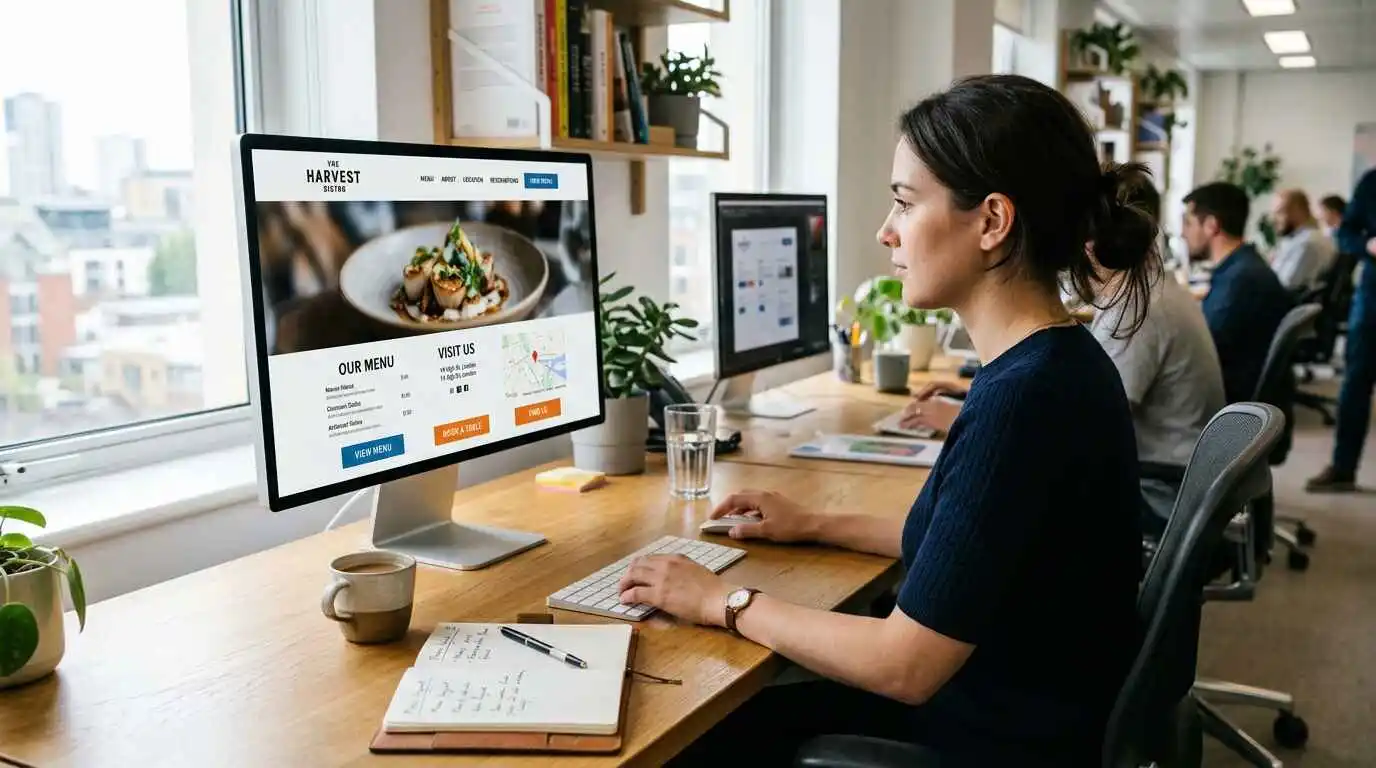 Web developer optimizing restaurant website layout on desktop computer screen