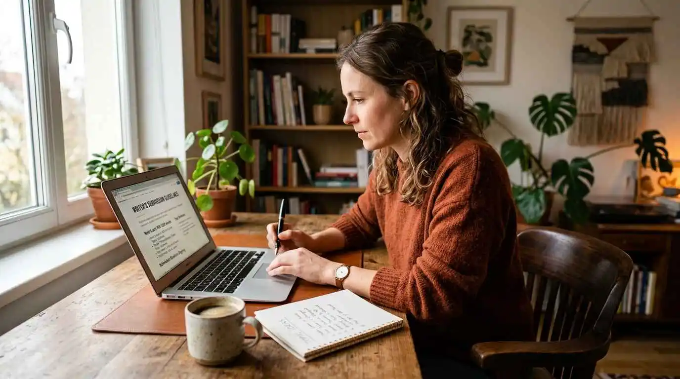Freelance writer researching guest post guidelines and topics on laptop