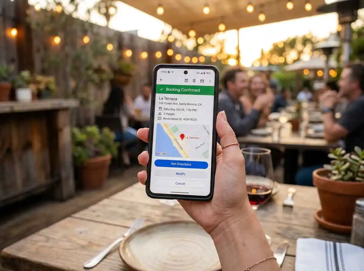 Customer booking a restaurant reservation through Google Maps on smartphone