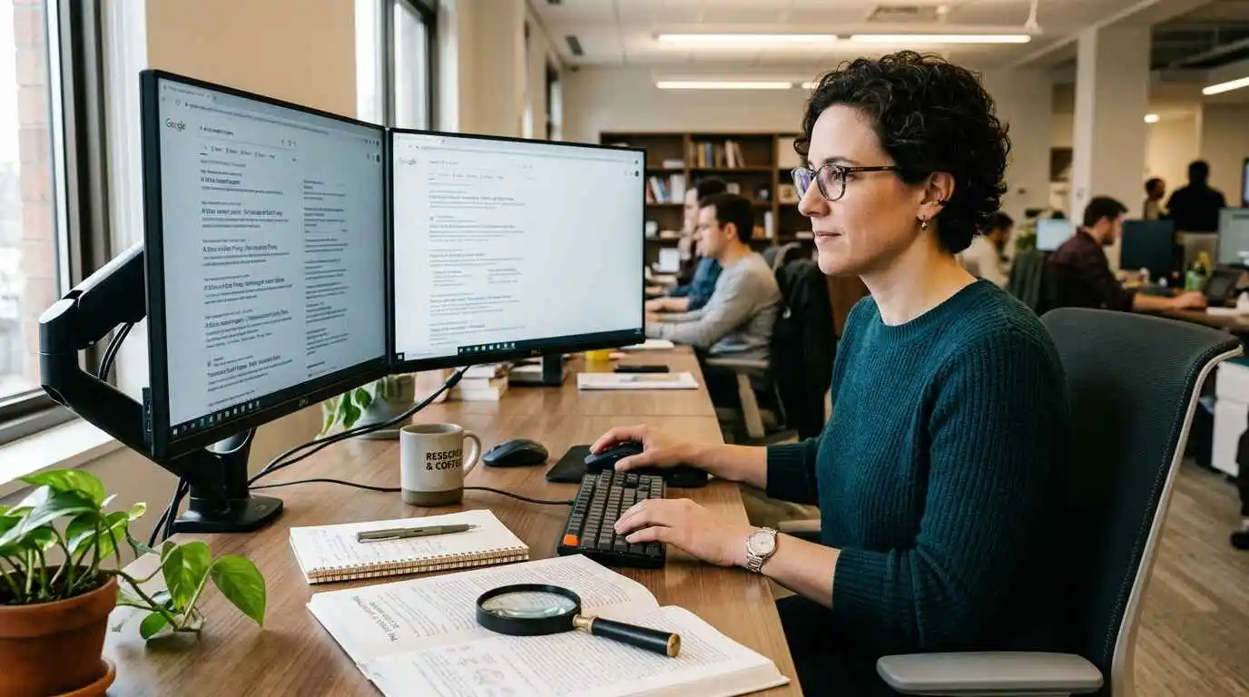 Person comparing multiple search engine results pages to verify business reputation claims
