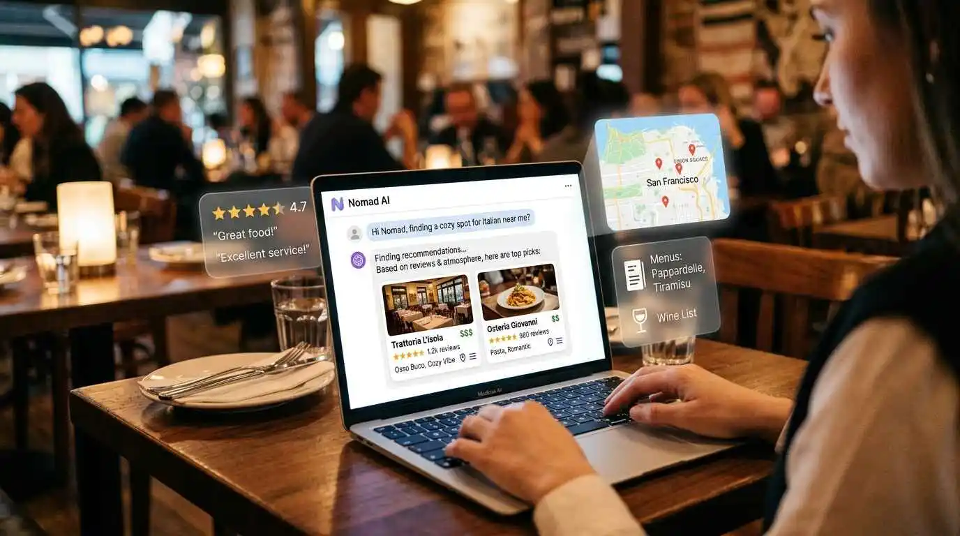 Digital illustration of AI search engine analyzing restaurant business data and reviews