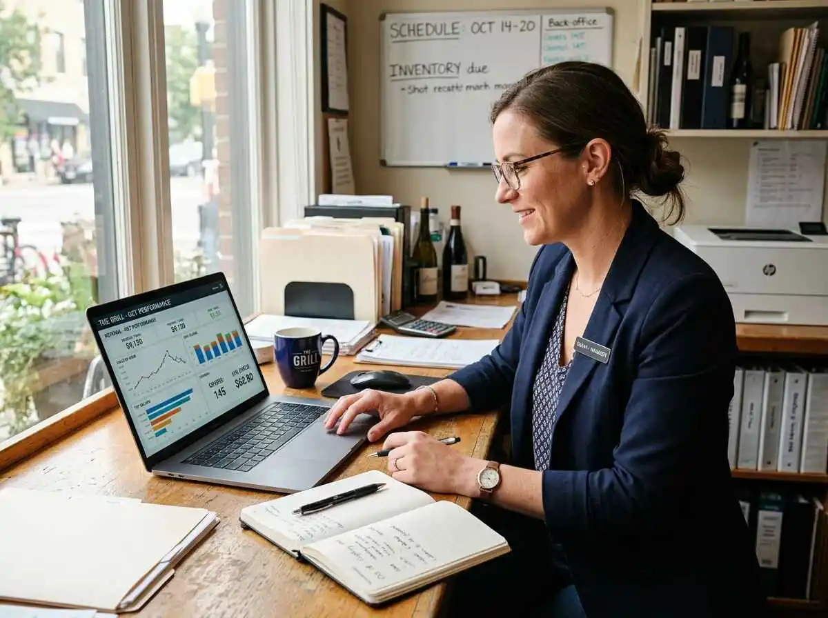 Restaurant manager reviewing local SEO analytics dashboard and performance metrics