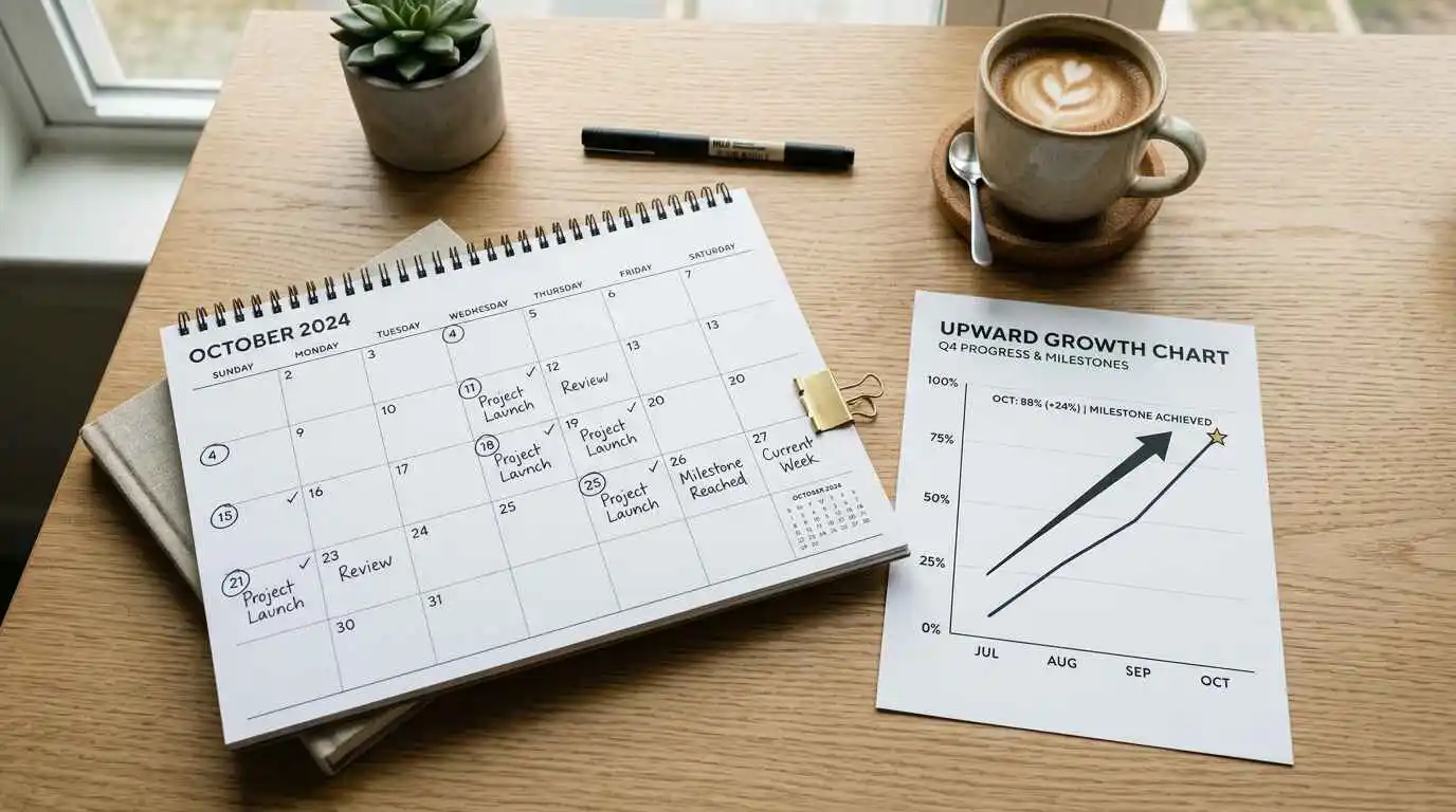 Calendar and growth chart representing restaurant SEO timeline and progress