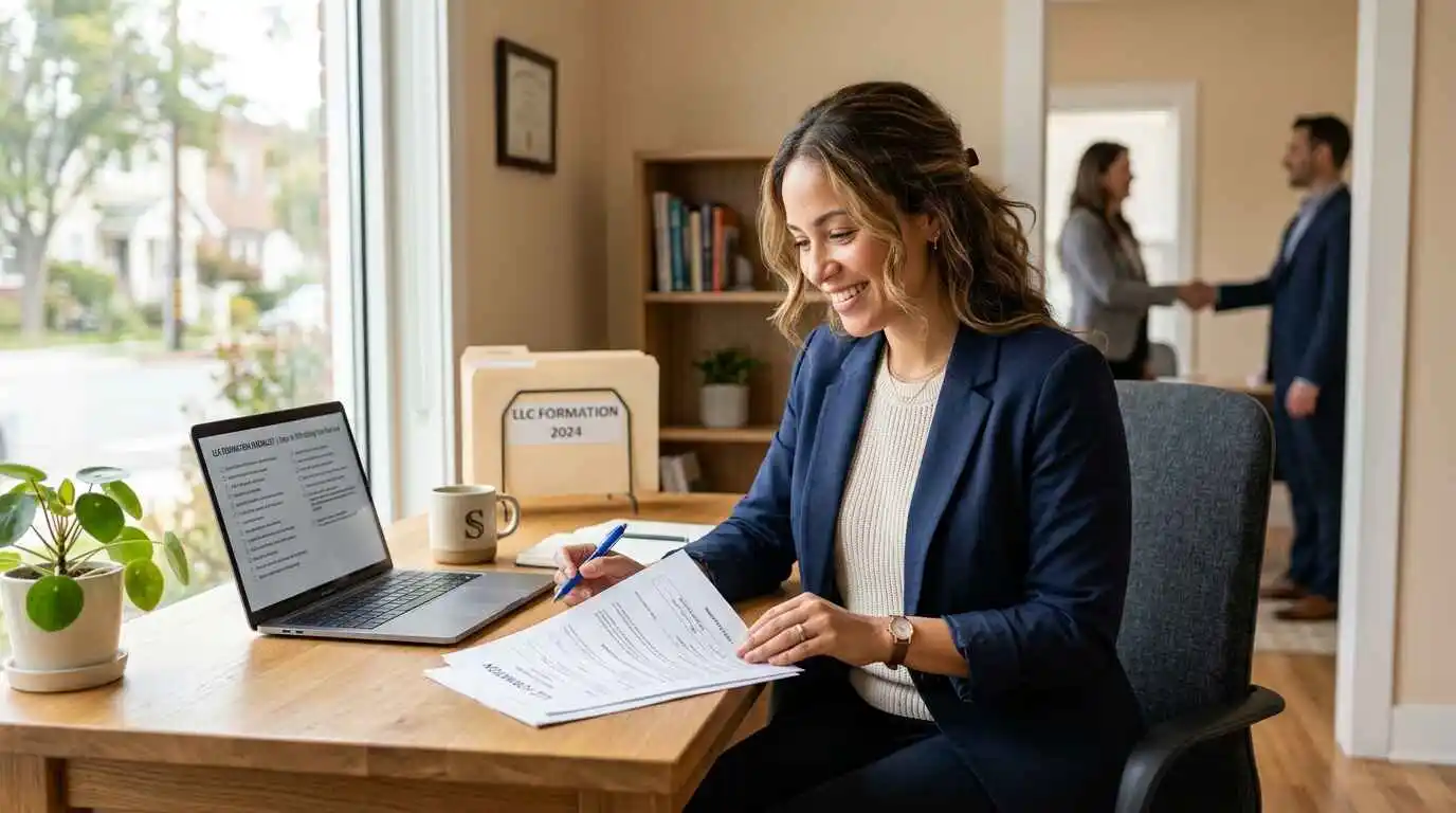 Small business owner reviewing LLC formation documents at a modern office desk