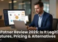 A business professional researching HQPotner software on a laptop with a fact-checking checklist and comparison of project management alternatives like ClickUp Asana and Notion visible on screen in 2026