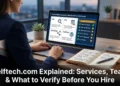 A business professional researching Aelftech.com digital marketing agency on a laptop with a verification checklist showing SEO PPC social media and WordPress services alongside independent fact-checking notes