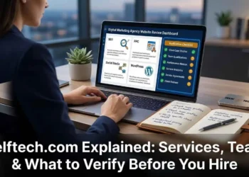 A business professional researching Aelftech.com digital marketing agency on a laptop with a verification checklist showing SEO PPC social media and WordPress services alongside independent fact-checking notes
