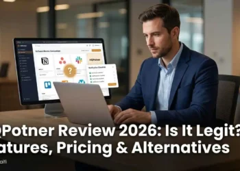 A business professional researching HQPotner software on a laptop with a fact-checking checklist and comparison of project management alternatives like ClickUp Asana and Notion visible on screen in 2026
