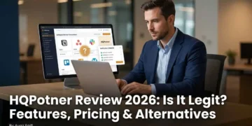 A business professional researching HQPotner software on a laptop with a fact-checking checklist and comparison of project management alternatives like ClickUp Asana and Notion visible on screen in 2026