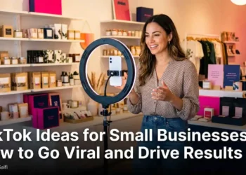 A small business owner filming a TikTok video in their shop using a smartphone on a ring light stand with products visible in the background representing authentic content creation for business growth