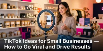 A small business owner filming a TikTok video in their shop using a smartphone on a ring light stand with products visible in the background representing authentic content creation for business growth