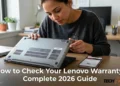 Person checking Lenovo laptop serial number and warranty status on official support website