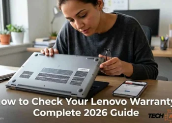 Person checking Lenovo laptop serial number and warranty status on official support website