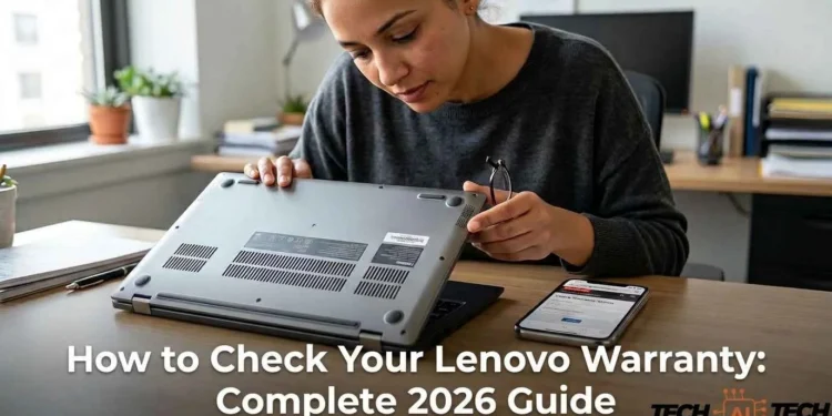 Person checking Lenovo laptop serial number and warranty status on official support website