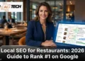 A restaurant owner optimizing their Google Business Profile and local SEO strategy on a laptop with Google Maps search results showing restaurant listings and review ratings visible on screen in 2026
