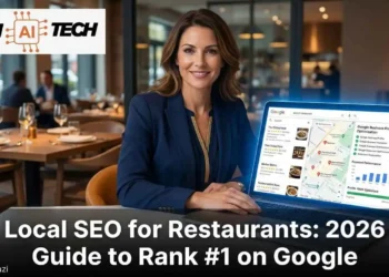 A restaurant owner optimizing their Google Business Profile and local SEO strategy on a laptop with Google Maps search results showing restaurant listings and review ratings visible on screen in 2026