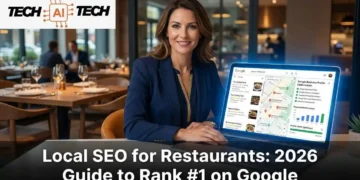 A restaurant owner optimizing their Google Business Profile and local SEO strategy on a laptop with Google Maps search results showing restaurant listings and review ratings visible on screen in 2026
