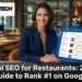 A restaurant owner optimizing their Google Business Profile and local SEO strategy on a laptop with Google Maps search results showing restaurant listings and review ratings visible on screen in 2026