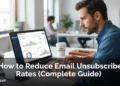 "Marketer analyzing email unsubscribe rate analytics dashboard on laptop to improve email marketing retention"