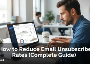 "Marketer analyzing email unsubscribe rate analytics dashboard on laptop to improve email marketing retention"