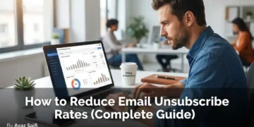 "Marketer analyzing email unsubscribe rate analytics dashboard on laptop to improve email marketing retention"