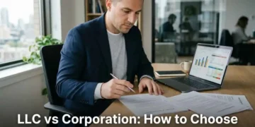 Business founder comparing LLC and Corporation paperwork with laptop and legal documents