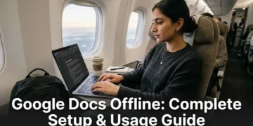 Person typing on laptop using Google Docs offline mode while traveling without internet
