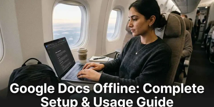 Person typing on laptop using Google Docs offline mode while traveling without internet