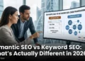 An infographic visualization comparing Semantic SEO and Keyword SEO, showing a complex graph of interconnected entities versus a linear list of search phrases.