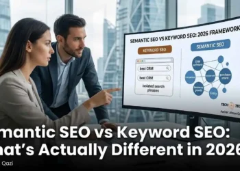 An infographic visualization comparing Semantic SEO and Keyword SEO, showing a complex graph of interconnected entities versus a linear list of search phrases.