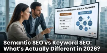An infographic visualization comparing Semantic SEO and Keyword SEO, showing a complex graph of interconnected entities versus a linear list of search phrases.