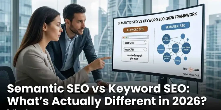 An infographic visualization comparing Semantic SEO and Keyword SEO, showing a complex graph of interconnected entities versus a linear list of search phrases.