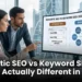 An infographic visualization comparing Semantic SEO and Keyword SEO, showing a complex graph of interconnected entities versus a linear list of search phrases.