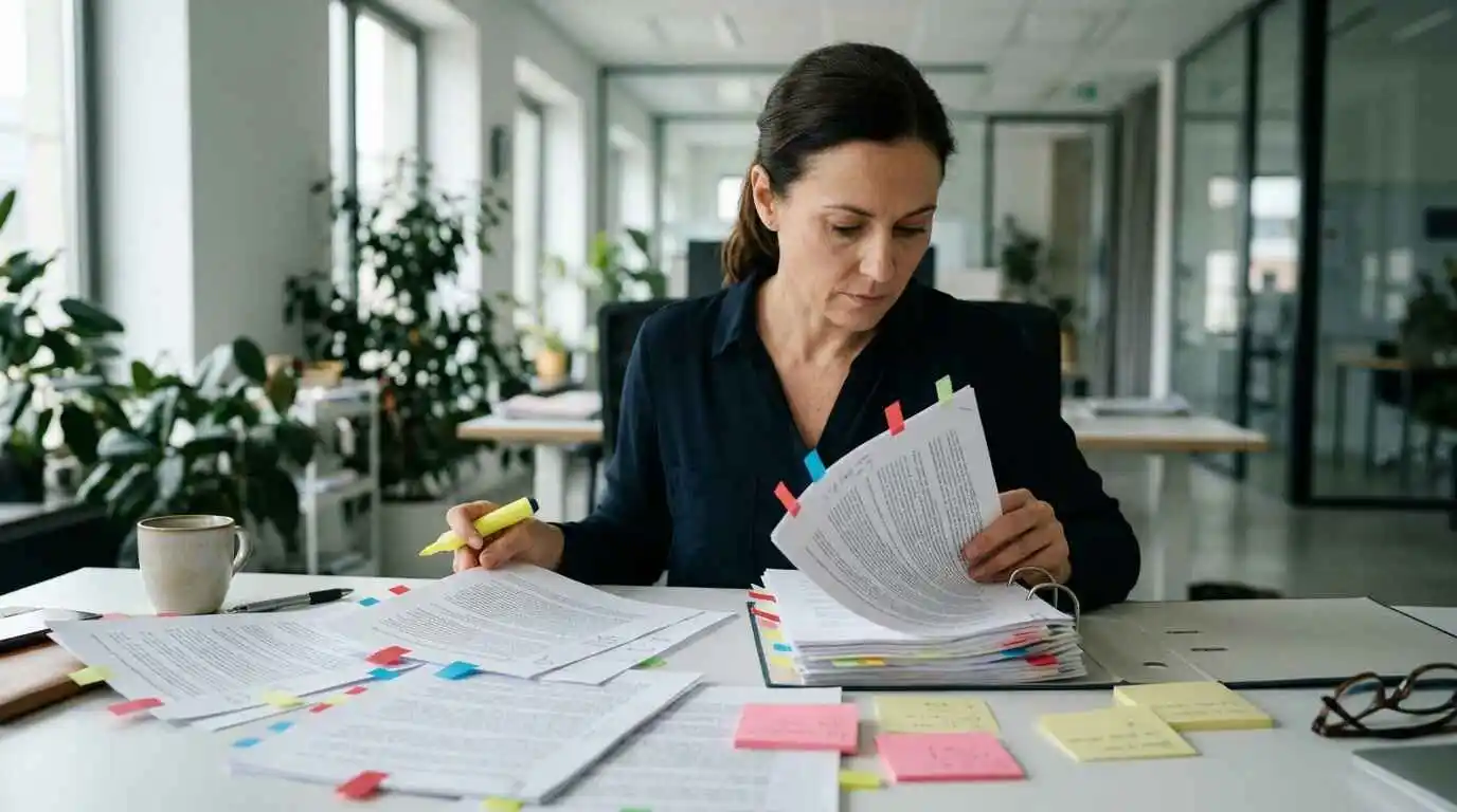 Business researcher reviewing a folder of company documents with highlighted notes to build a research dossier