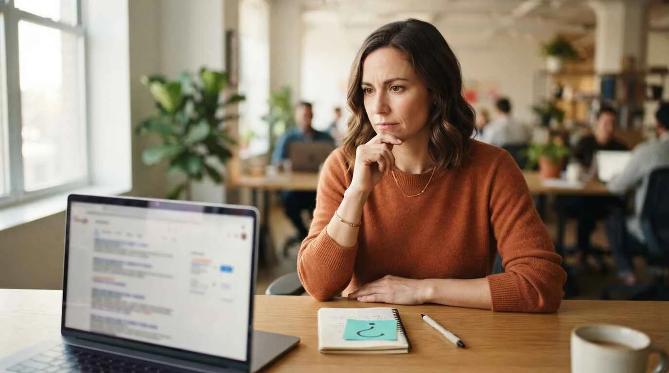 Person reviewing search results on a laptop, questioning whether EEAT is a Google ranking factor