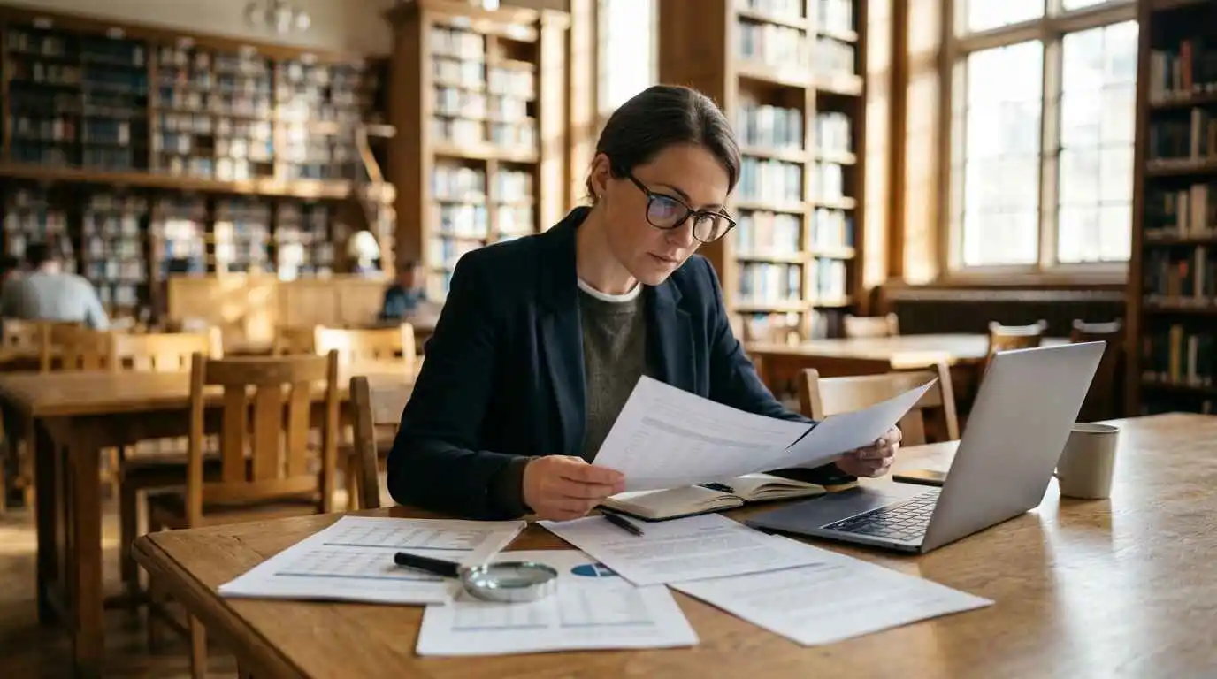 Researcher comparing printed company filings with a laptop to verify US company information from primary sources