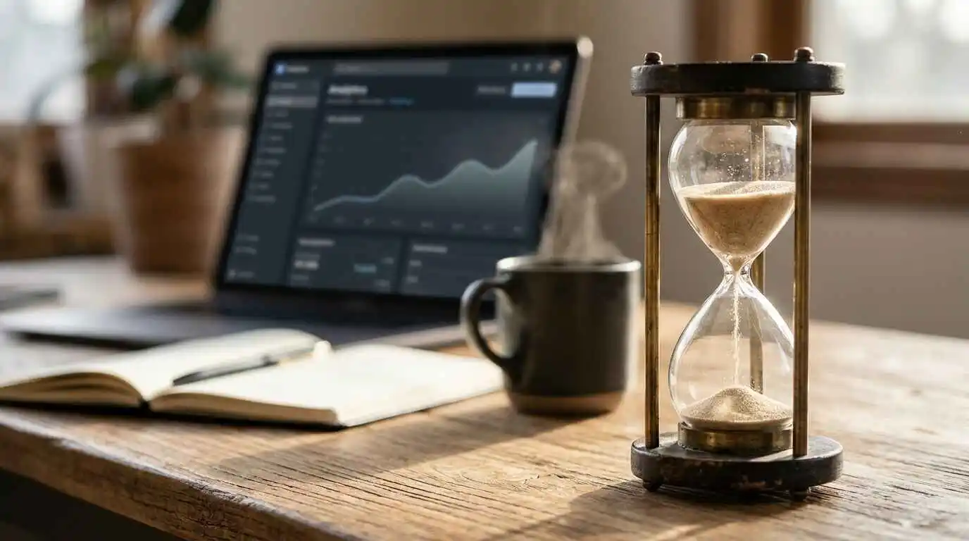 Hourglass beside a laptop showing a slow-rising traffic graph, showing that SEO results take time