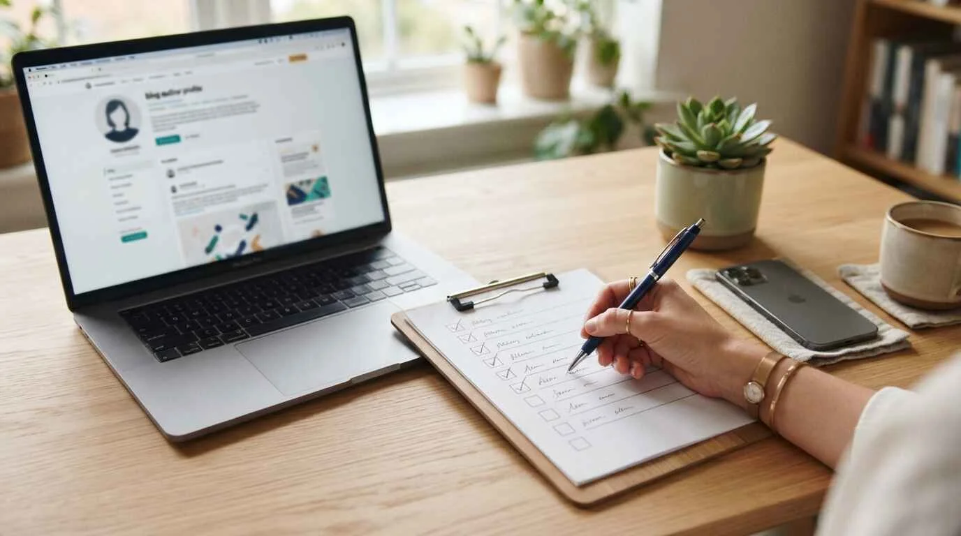 Blogger ticking items off an EEAT checklist while updating author bio and trust signals on a laptop