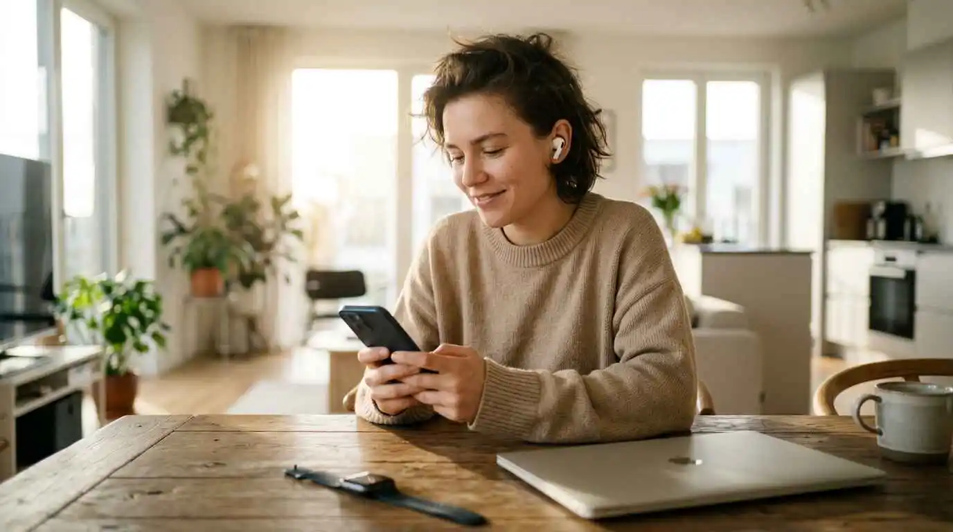 Person wearing white open-design wireless earbuds holding an iPhone, showing the best earbuds for iPhone users